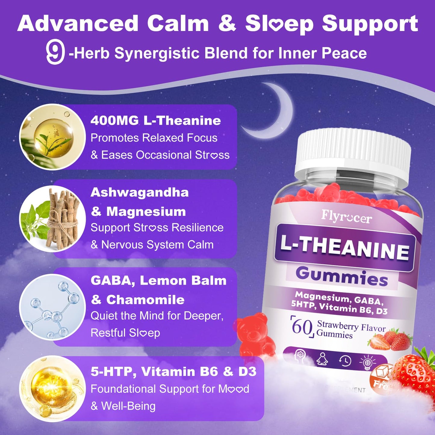 Sugar Free L-Theanine Gummies – 400mg (Ashwagandha, Magnesium, 5-HTP & GABA) – Vegan Strawberry | 60 Count