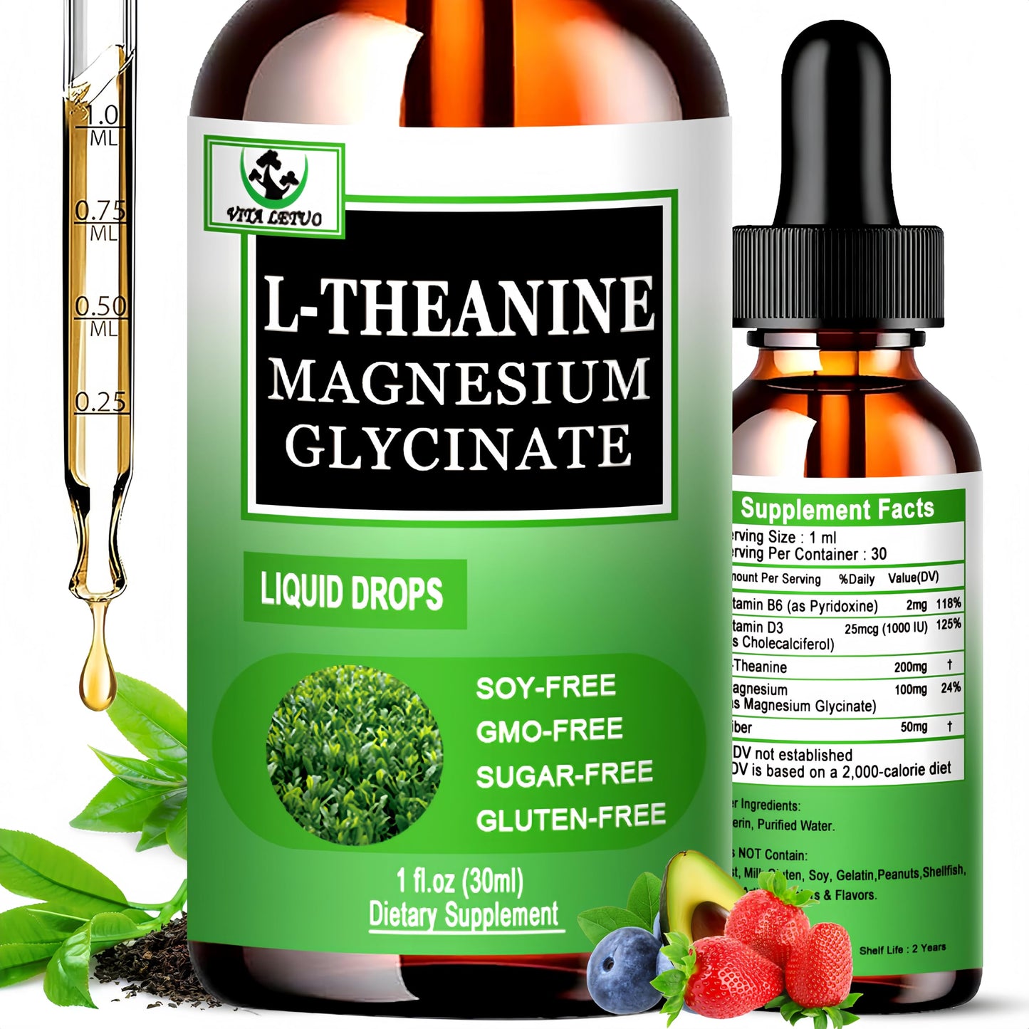 L-Theanine Drops 200mg with Magnesium Glycinate – Plant-Based, Non-GMO | Relaxation, Sleep & Digestive Support