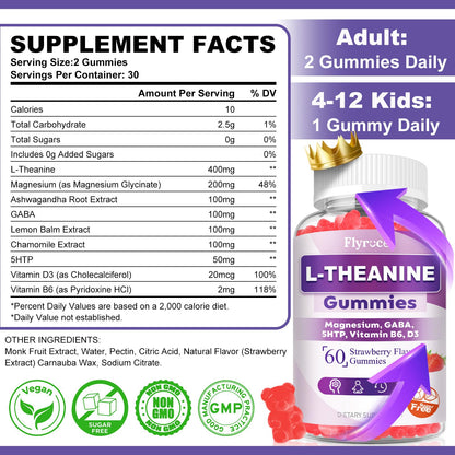 2 Pack L-Theanine Gummies - 400mg with Ashwagandha, Magnesium, 5-HTP & GABA | Vegan Strawberry Flavor | 120 Count