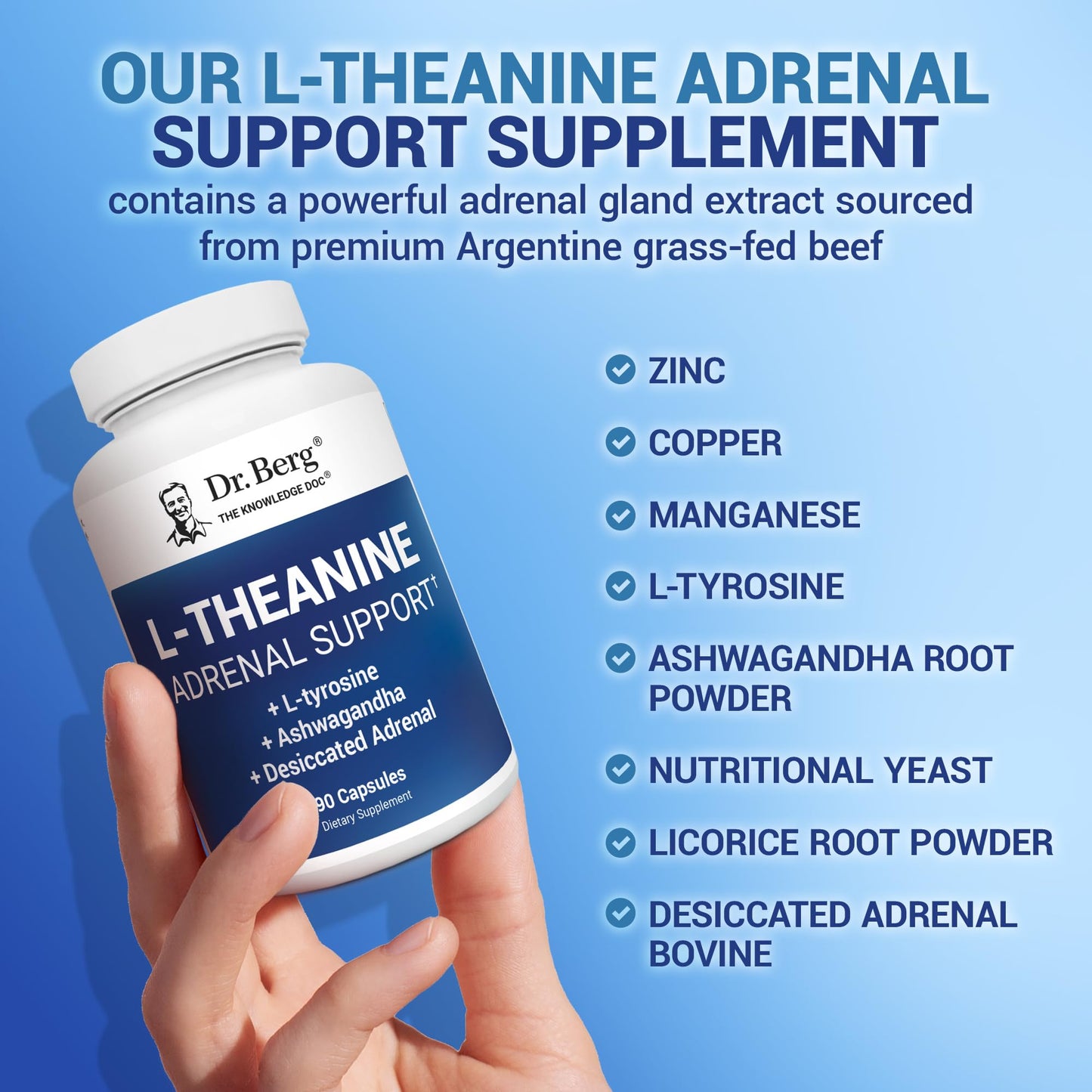 Dr. Berg L-Theanine 200mg - Adrenal Support, Stress Relief & Mental Clarity - 90 Gelatin Capsules
