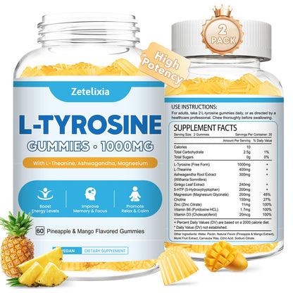 L Tyrosine Gummies 2 Pack - L-Tyrosine + L-Theanine, B6 & D3 - Pineapple Mango 120 Ct