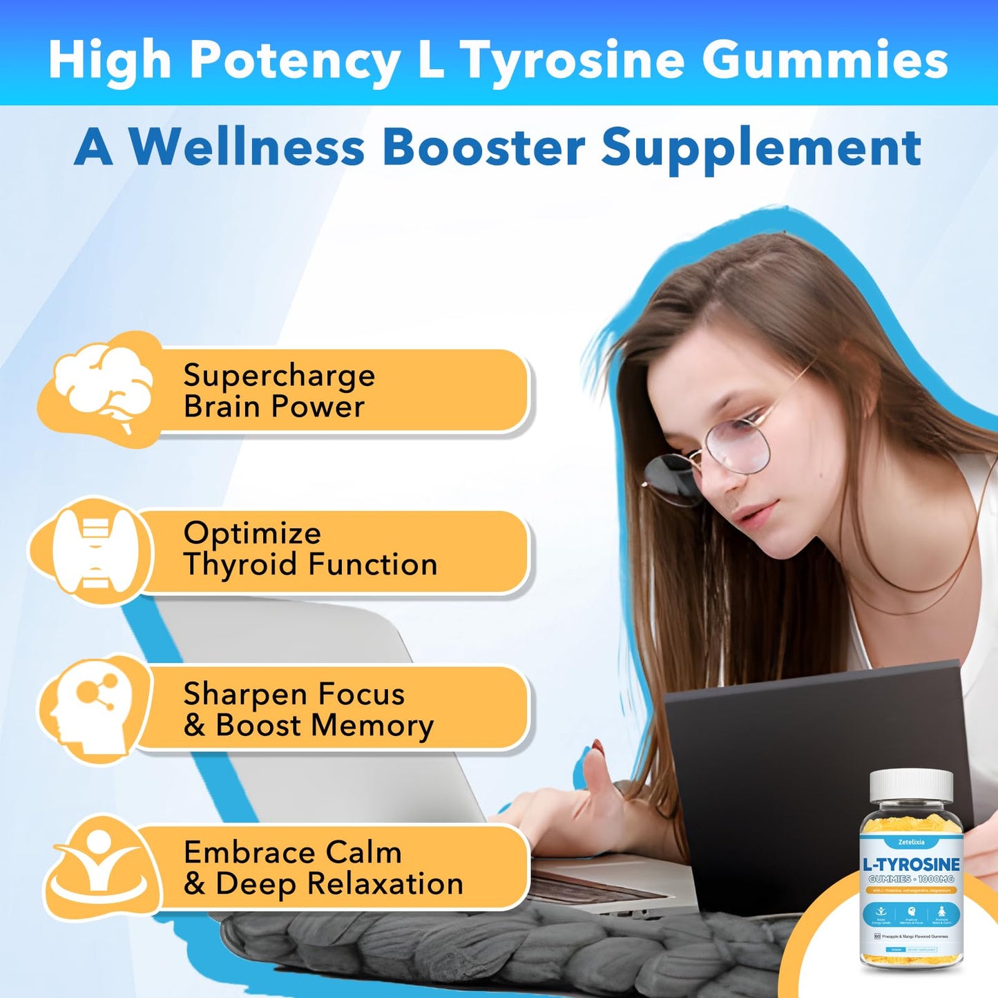 L Tyrosine Gummies 2 Pack - L-Tyrosine + L-Theanine, B6 & D3 - Pineapple Mango 120 Ct
