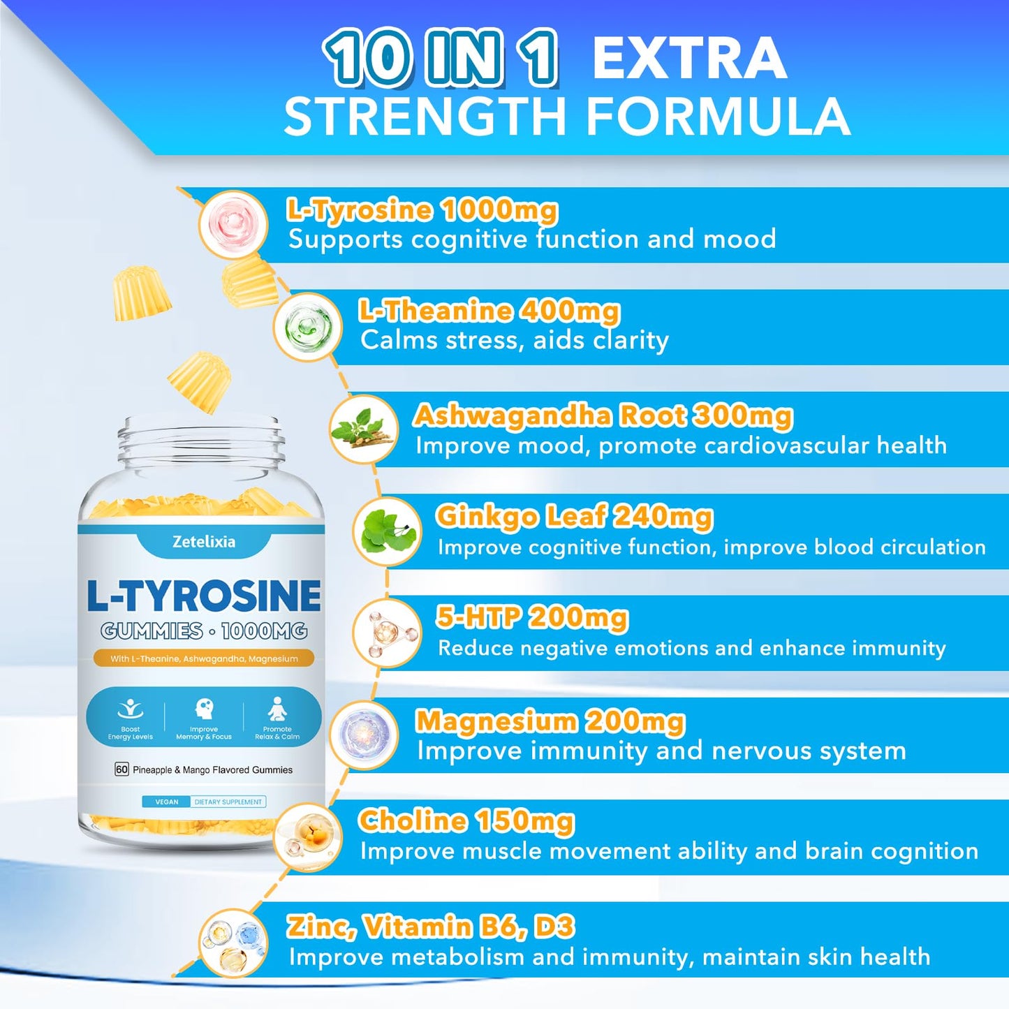 L Tyrosine Gummies 2 Pack - L-Tyrosine + L-Theanine, B6 & D3 - Pineapple Mango 120 Ct