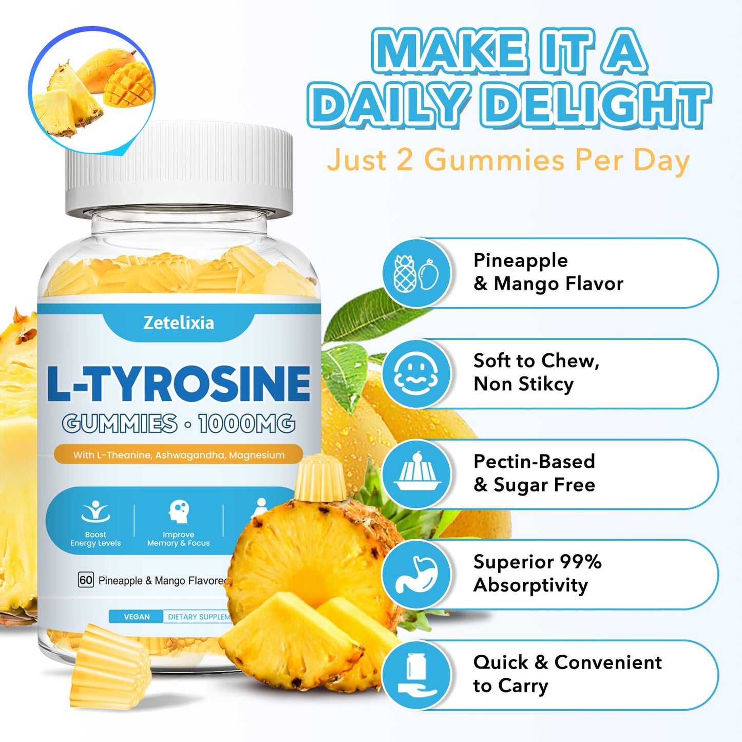L Tyrosine Gummies 2 Pack - L-Tyrosine + L-Theanine, B6 & D3 - Pineapple Mango 120 Ct