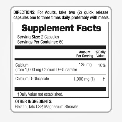 Calcium D-Glucarate 1000mg - 120 Caps (Pack of 2) | Detox & Hormone Support
