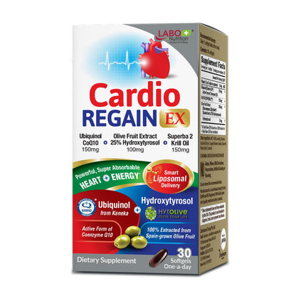LABO Nutrition CardioREGAIN EX – Ubiquinol CoQ10 150mg, Olive Fruit Extract & Krill Oil for Heart Health | Non-GMO, Soy-Free