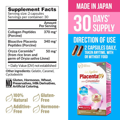 LABO Nutrition Le Ageless Placenta 99 with Ceramides - Placenta Supplement, 60 Capsules