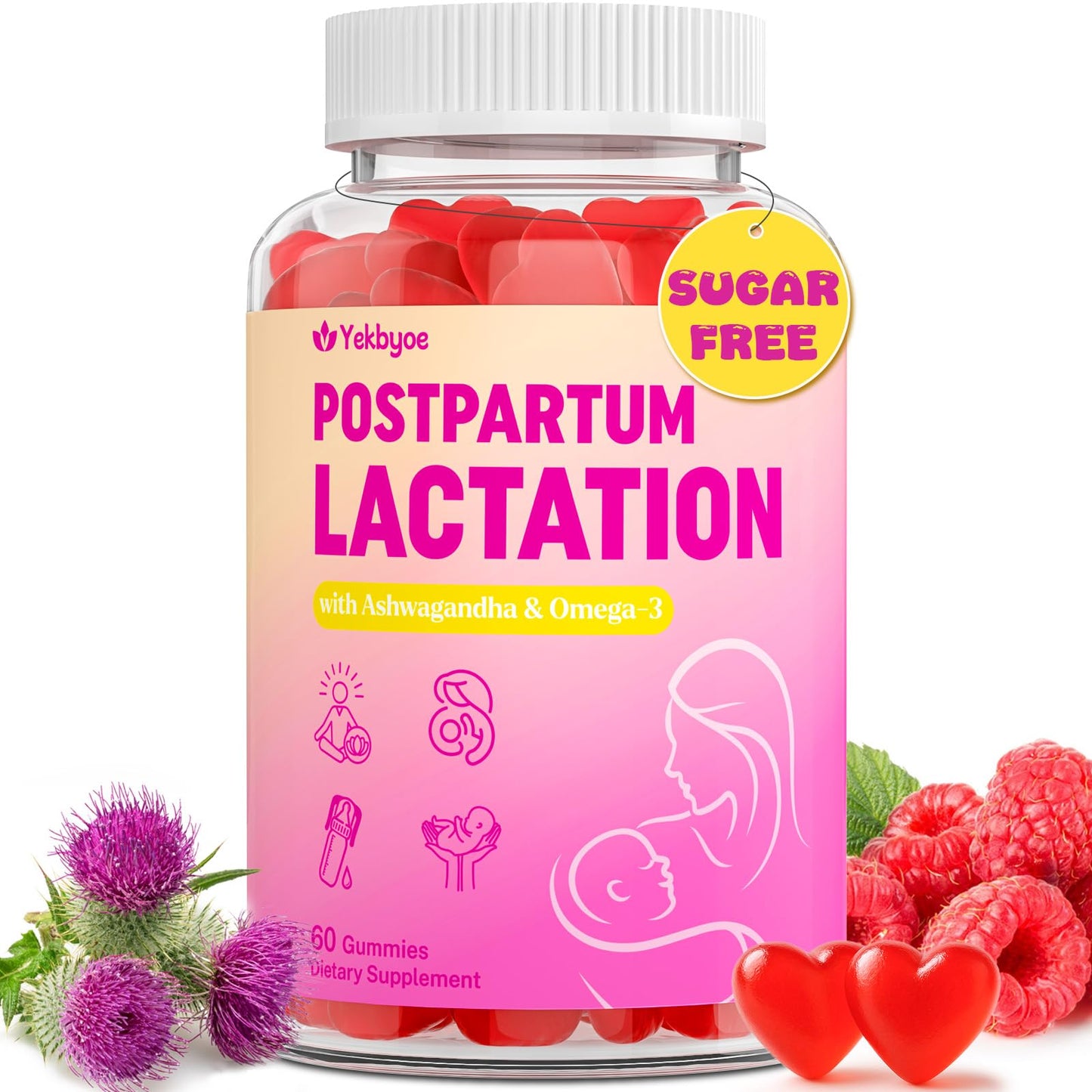 Lactation Gummies - Postpartum Support, Milk Thistle, Ashwagandha & Omega-3 | Sugar Free, Vegan, 60 Count
