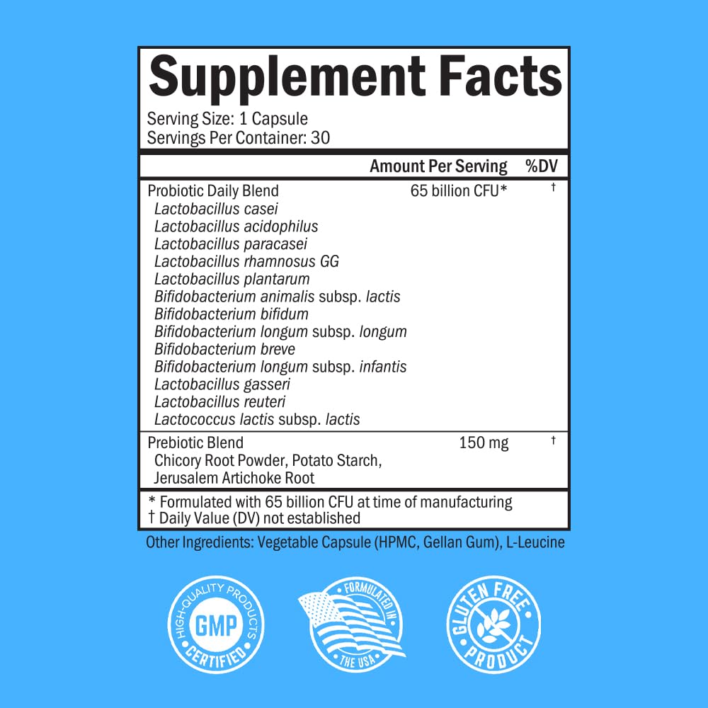 Probiotic 65 Billion with Prebiotic – Digestive Health Capsules (30ct) | Lactobacillus Acidophilus