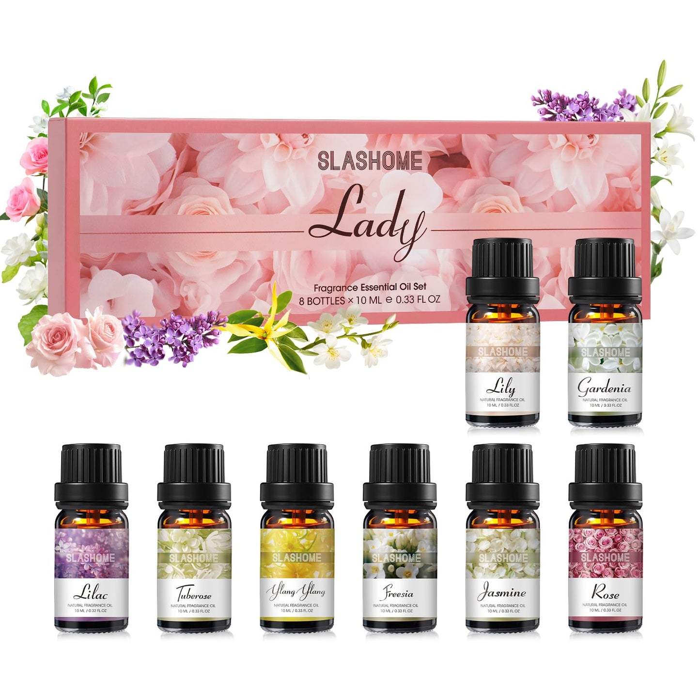 Essential Oils Set for Women | 8x10ml Lady Floral Essential Oils for Diffusers, Home Fragrance, Perfume Making & Massage | Rose, Jasmine, Gardenia, Lily, Lilac, Freesia, Ylang Ylang, Tuberose