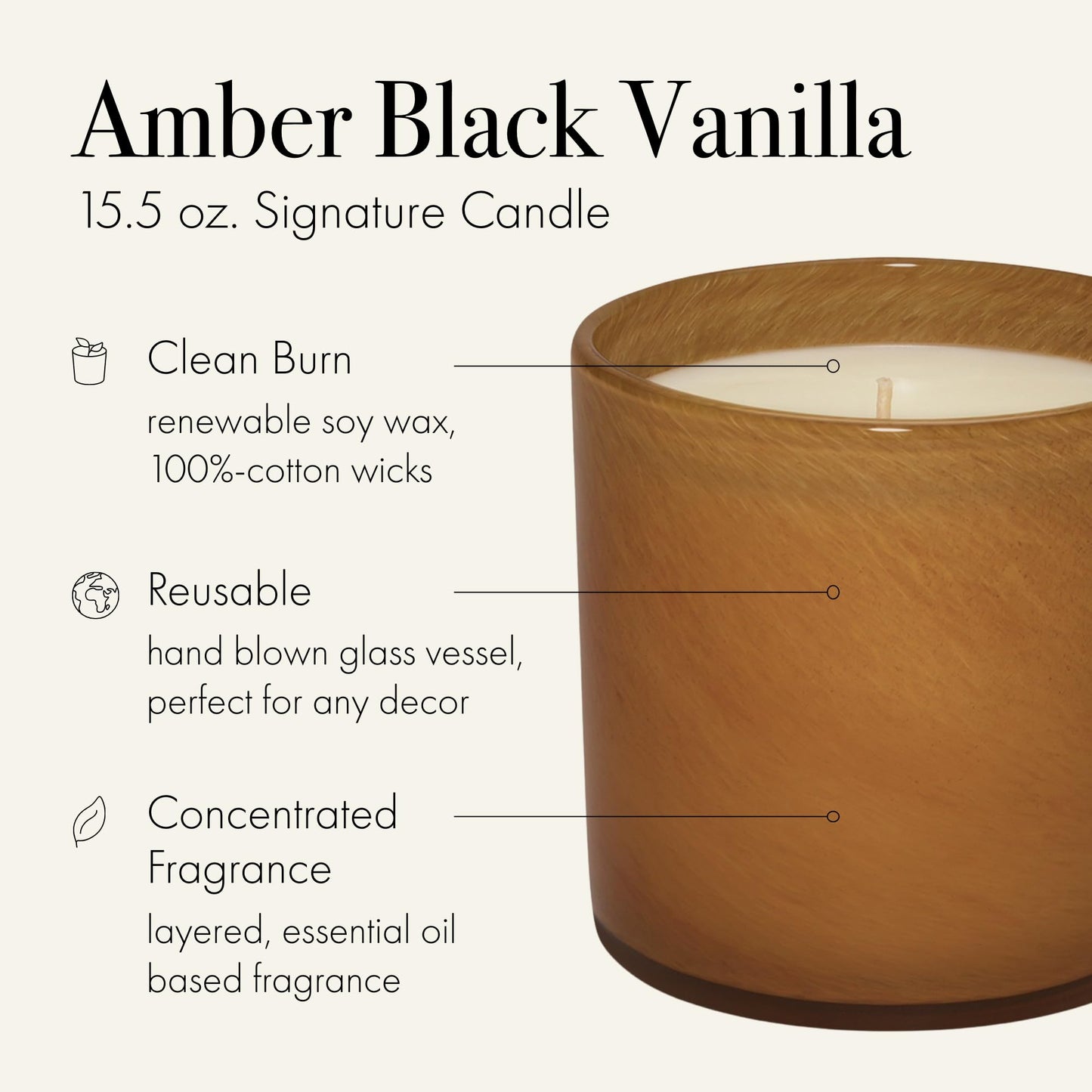 LAFCO New York Signature Candle: Amber Black Vanilla – 15.5 oz, 90-Hour Burn Time, Reusable Hand-Blown Glass Vessel, Made in USA