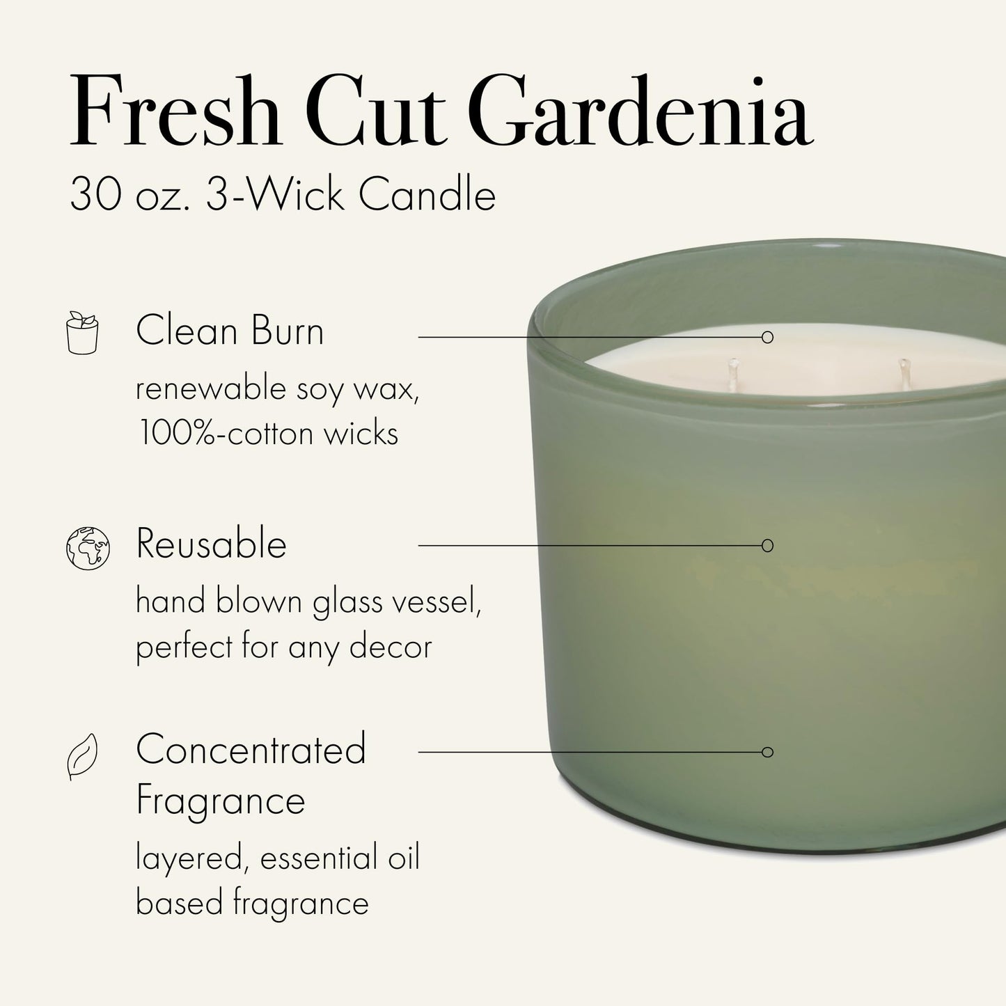 LAFCO New York 3-Wick Candle Fresh Cut Gardenia – 30 oz, 120-Hour Burn, Reusable Glass Vessel
