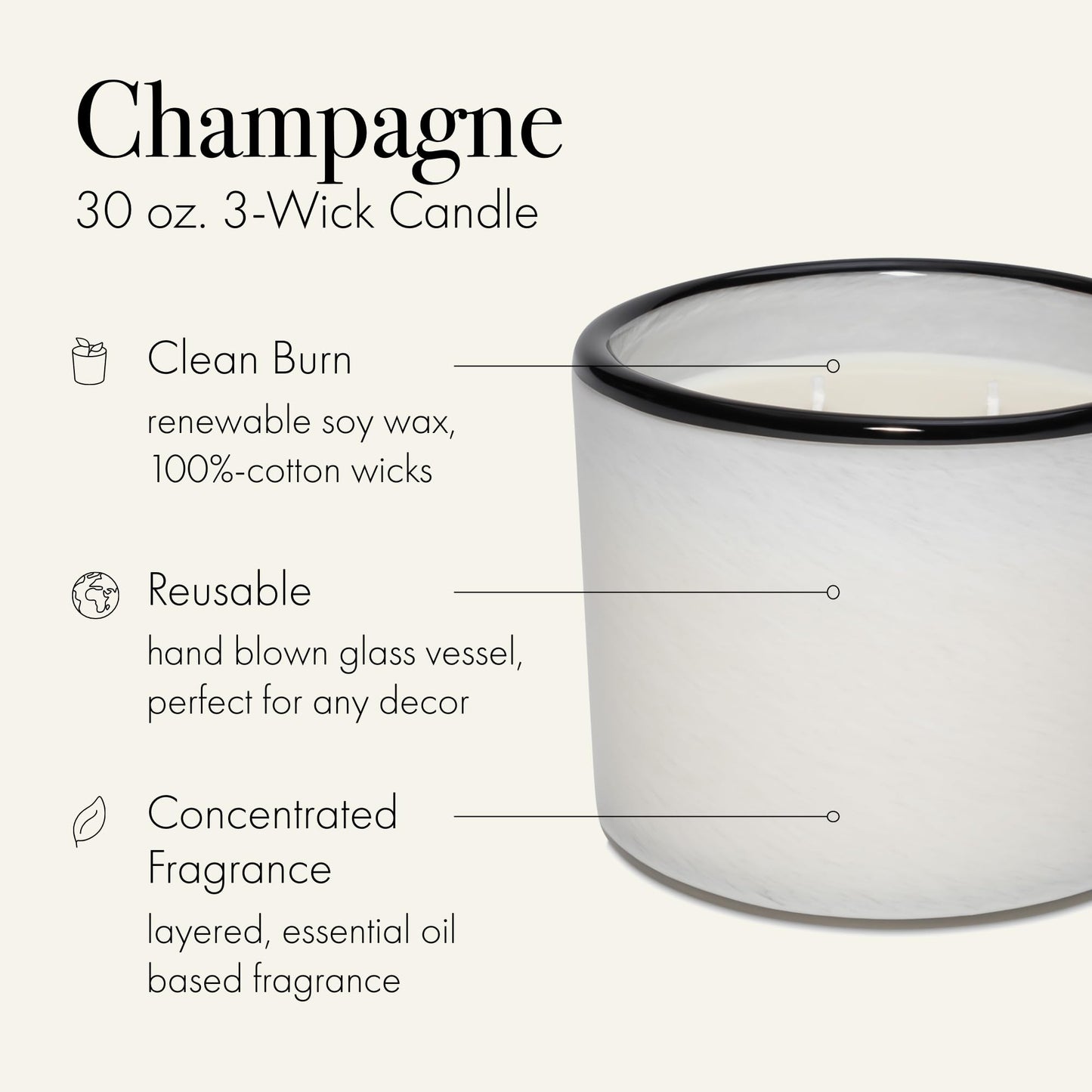 LAFCO New York Champagne 3-Wick Candle – 30 oz, 120-Hour Burn Time, Reusable Hand-Blown Glass Vessel | Made in USA