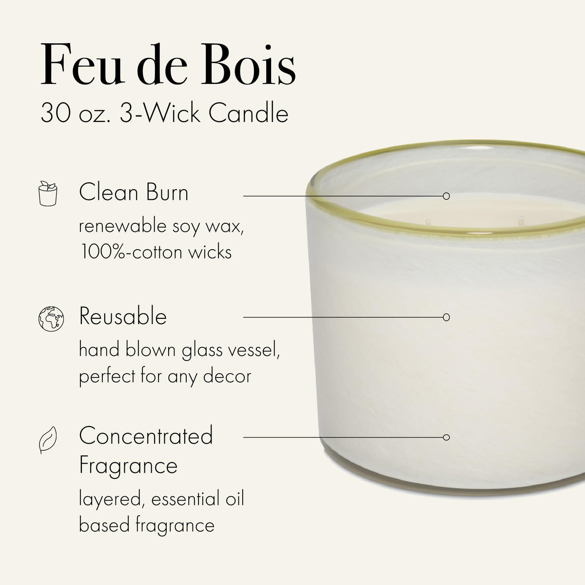 LAFCO New York 3-Wick Feu de Bois Candle – 30 oz, 120-Hour Burn Time, Reusable Hand-Blown Glass Vessel