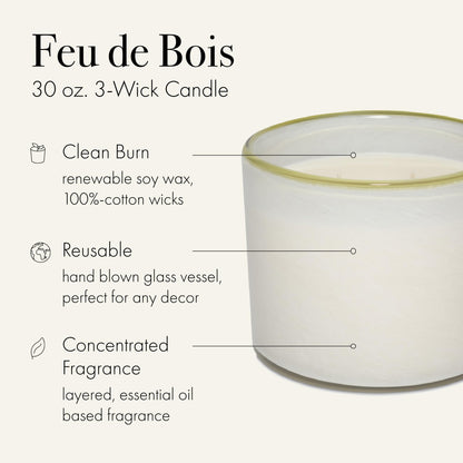 LAFCO New York 3-Wick Feu de Bois Candle – 30 oz, 120-Hour Burn Time, Reusable Hand-Blown Glass Vessel
