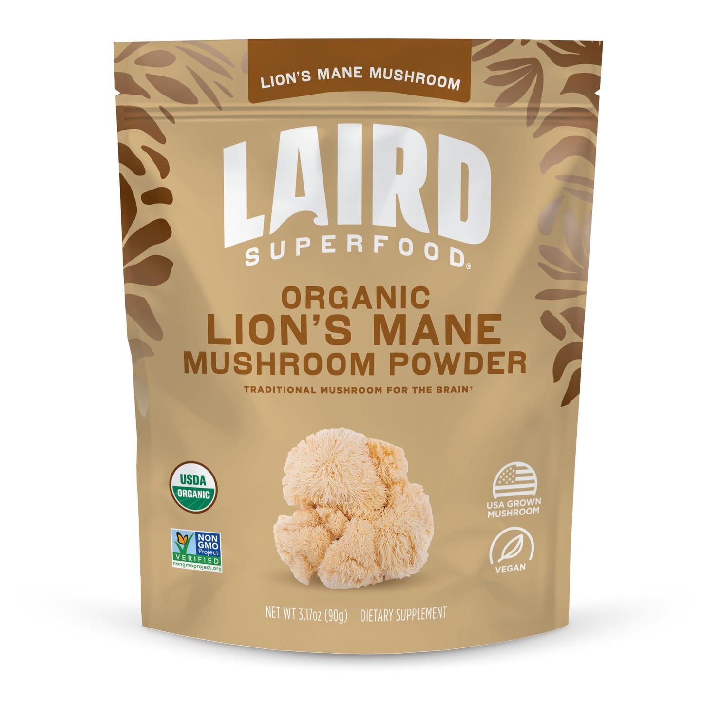 Laird Superfood Organic Lion's Mane Mushroom Powder – Cognitive Function & Immune Support, 3.17 oz Bag