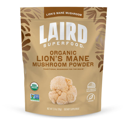 Laird Superfood Organic Lion's Mane Mushroom Powder – Cognitive Function & Immune Support, 3.17 oz Bag