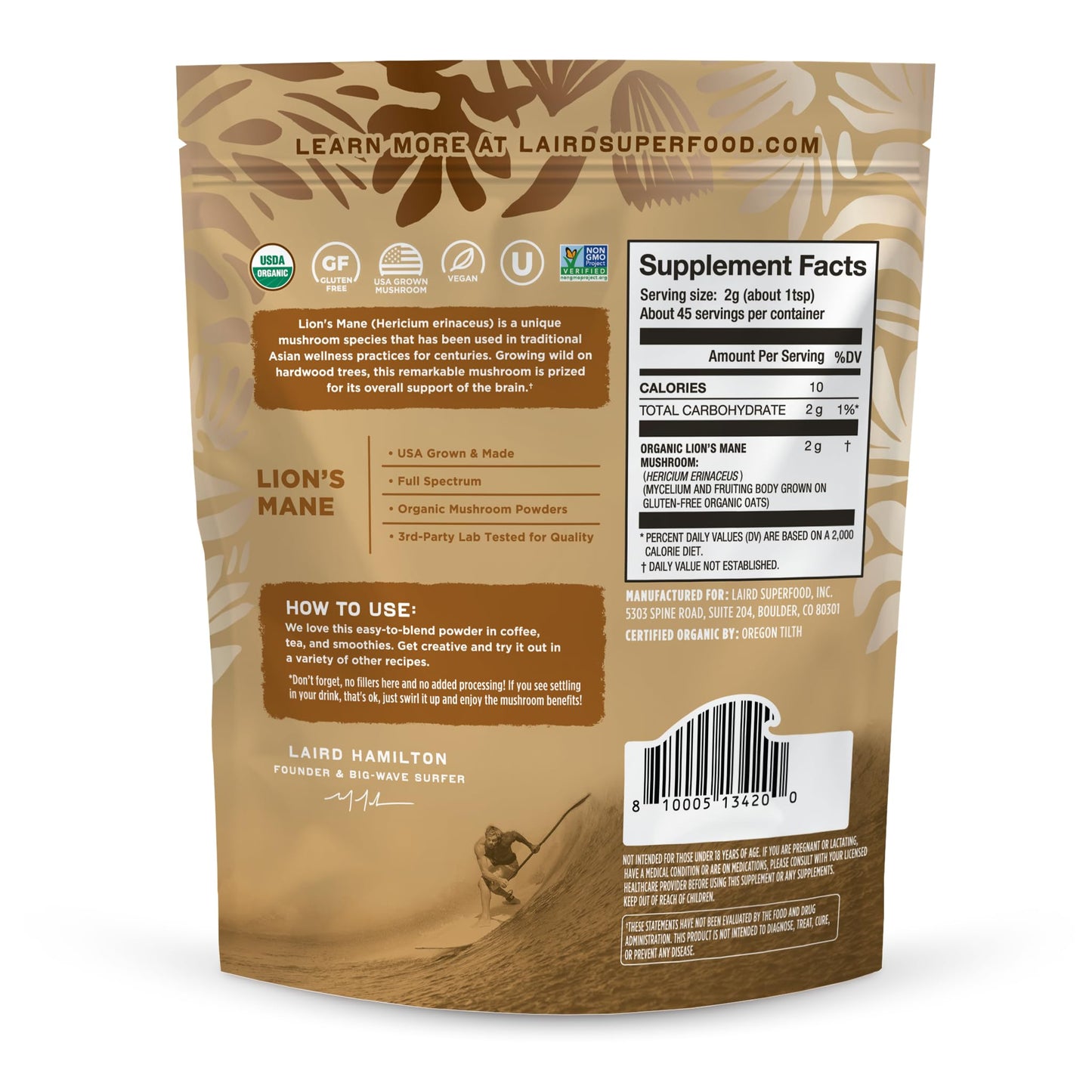 Laird Superfood Organic Lion's Mane Mushroom Powder – Cognitive Function & Immune Support, 3.17 oz Bag