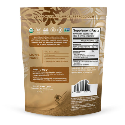 Laird Superfood Organic Lion's Mane Mushroom Powder – Cognitive Function & Immune Support, 3.17 oz Bag