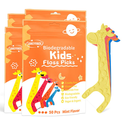 Lakeyface 200 Count Biodegradable Kids Flossers | Eco Friendly Plant-Based Floss Picks, Giraffe Design, No Fluoride, BPA Free
