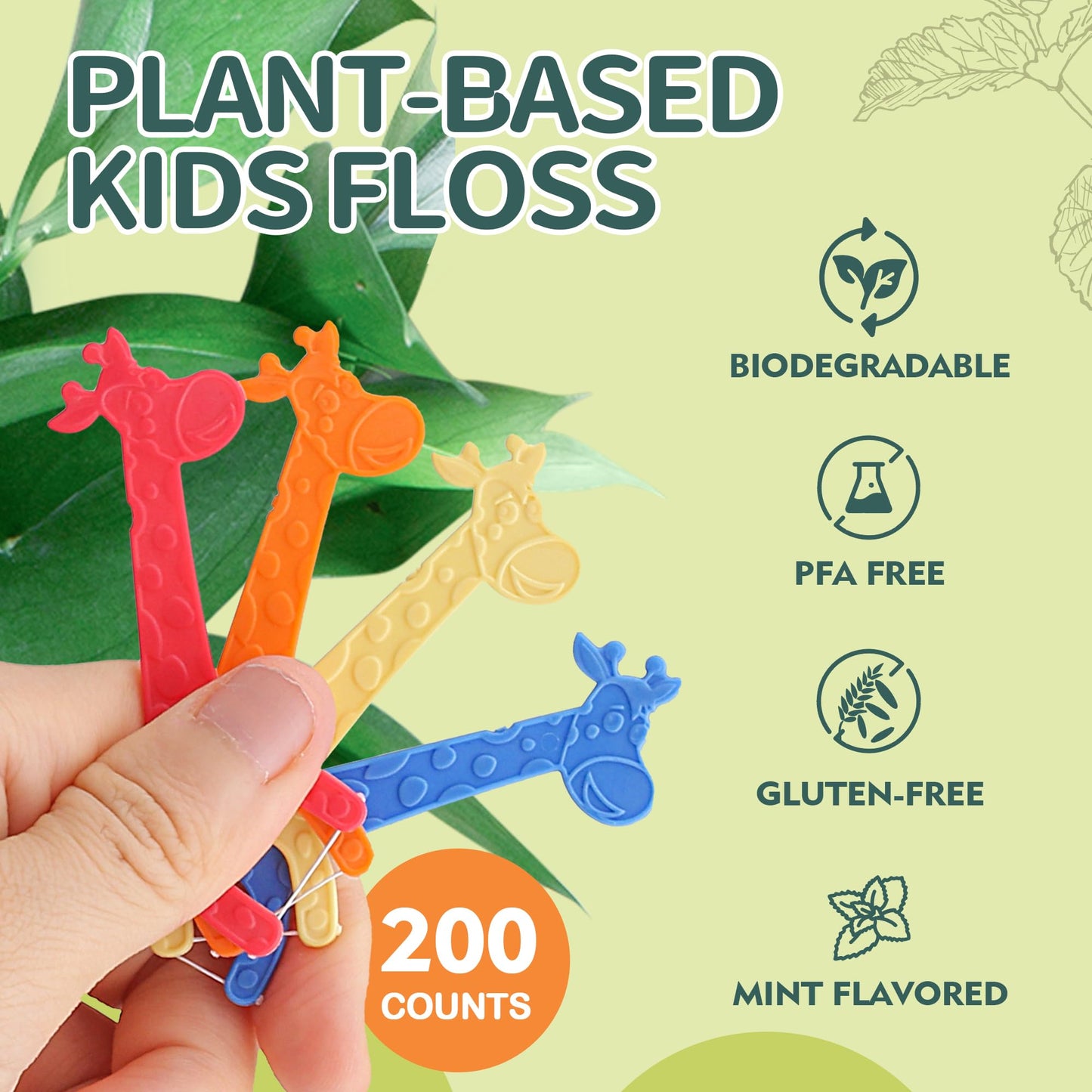 Lakeyface 200 Count Biodegradable Kids Flossers | Eco Friendly Plant-Based Floss Picks, Giraffe Design, No Fluoride, BPA Free