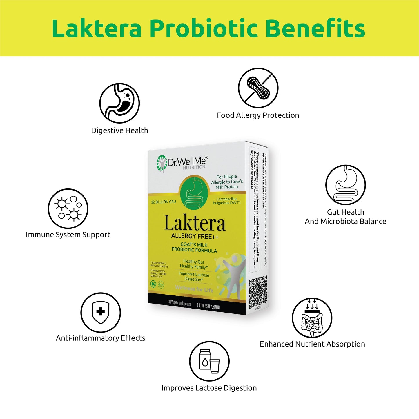 Dr. WellMe Laktera Allergy-Free Probiotics – 30 Caps, Goat Milk Formula, 12B CFU, Immune & Gut Health, Low Lactose, Gluten-Free