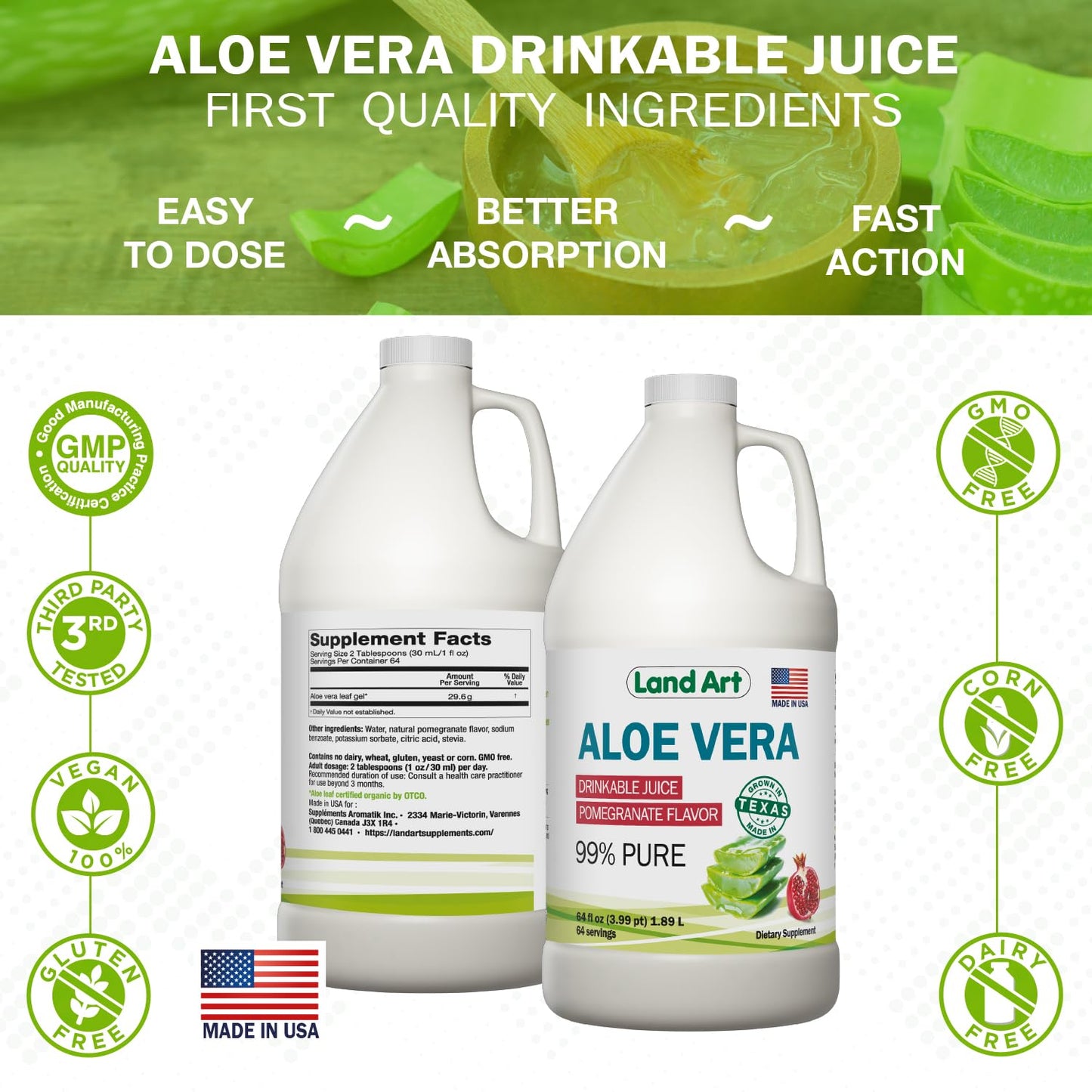 Land Art Pure Aloe Vera Juice - Pomegranate Flavored - Cold-Processed - 64 fl oz