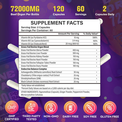 Lanhuilin Beef Organ Supplement for Women – Grass-Fed Liver, Kidney, Heart & More (120 Caps)