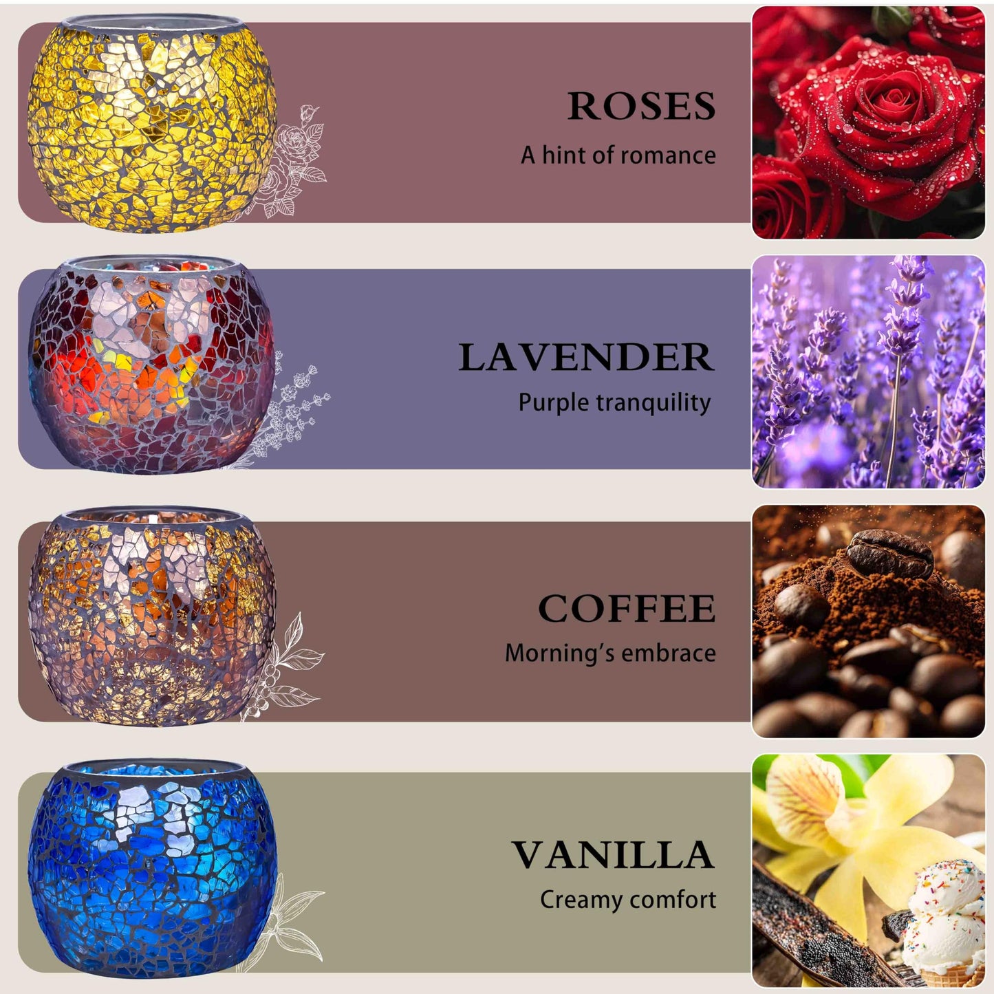 Larcenciel Mosaic Glass Scented Candles 4-Pack – Rose, Lavender, Coffee & Vanilla