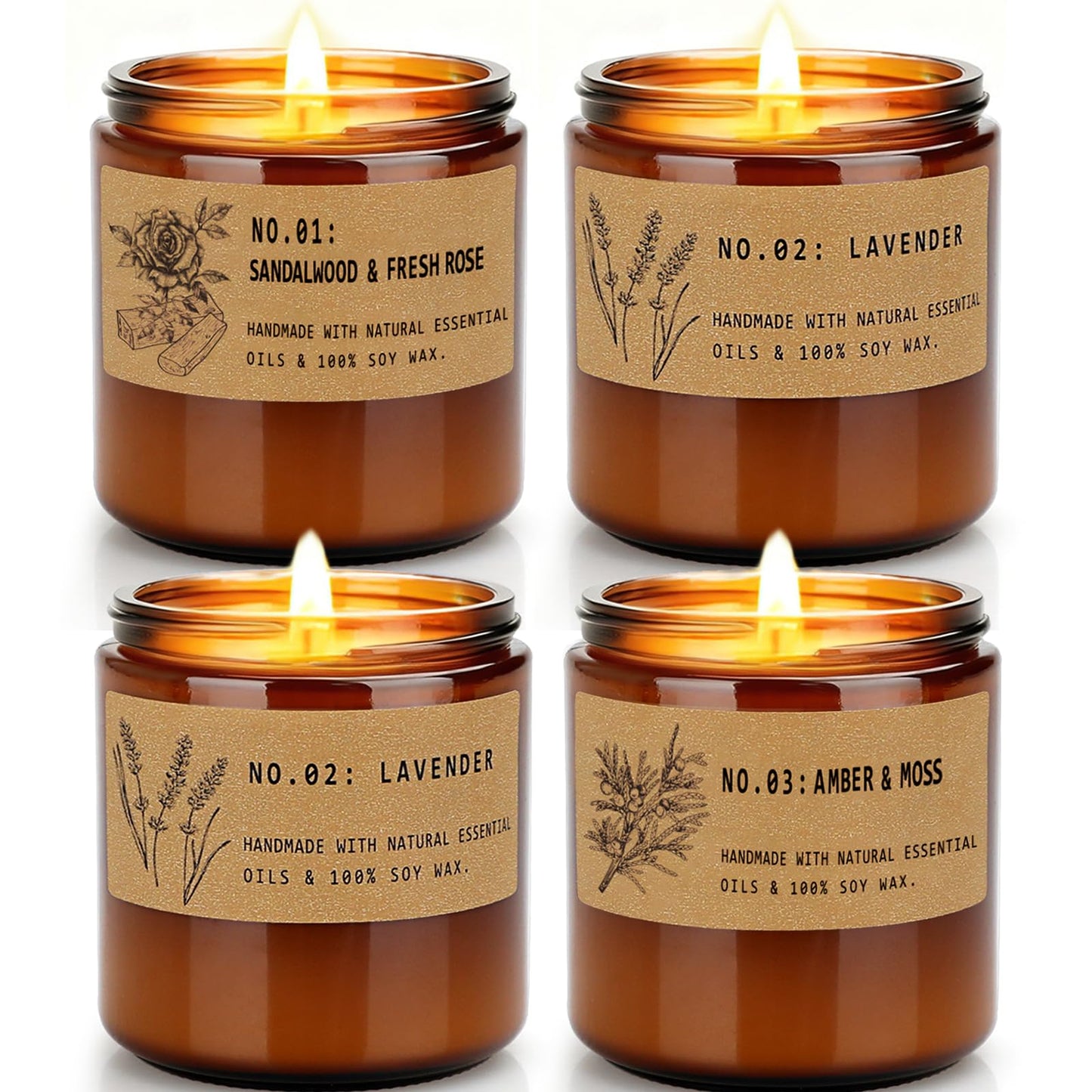 Large 9 oz Scented Candle Gift Set – 10% EO, Amber Jars (4-Pack)