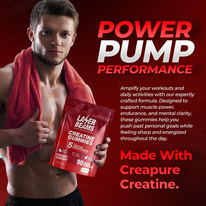 Laser Beams Creatine Monohydrate Gummies for Women & Men - 5g Creapure Creatine per Serving - Vegan, Cosmic Cherry Flavor - Boost Muscle Strength, Endurance, Recovery & Mental Focus (90 Gummies)