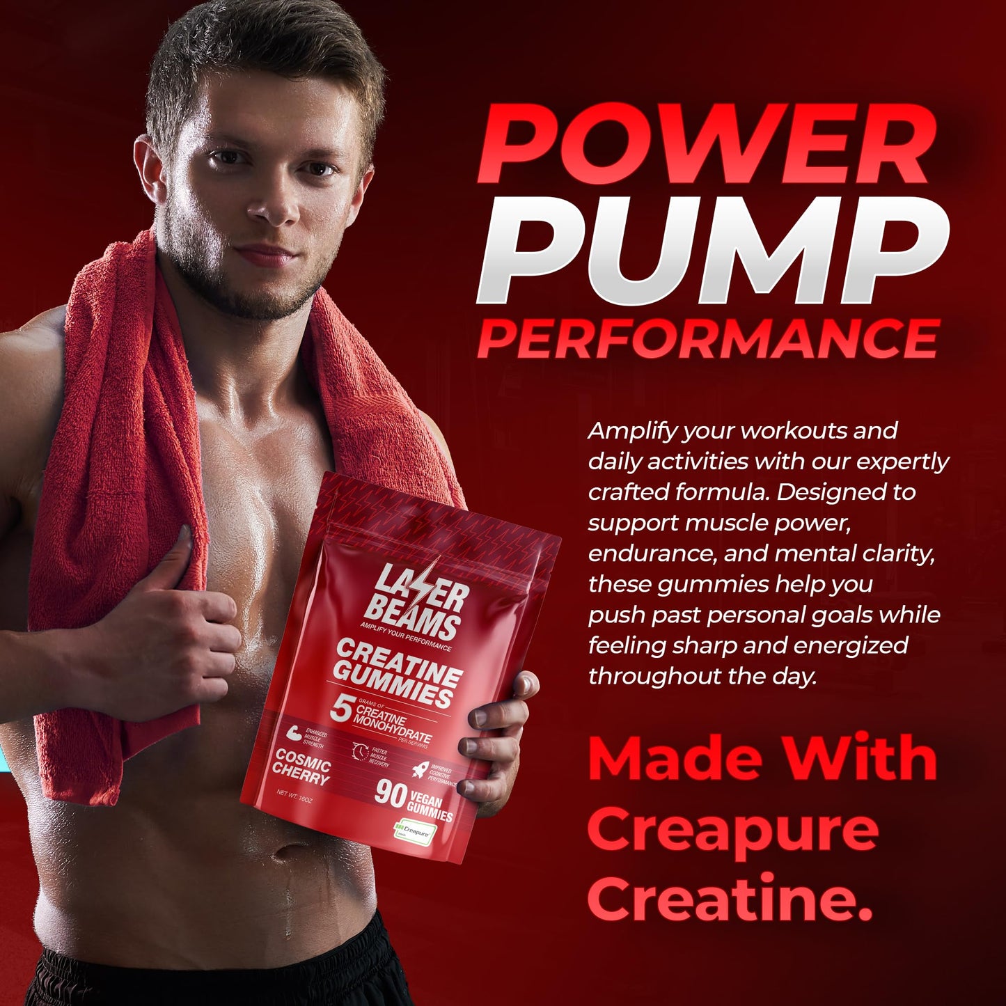 Laser Beams Creatine Monohydrate Gummies – 5g Creapure per Serving, Vegan & Gluten-Free (Strawberry)