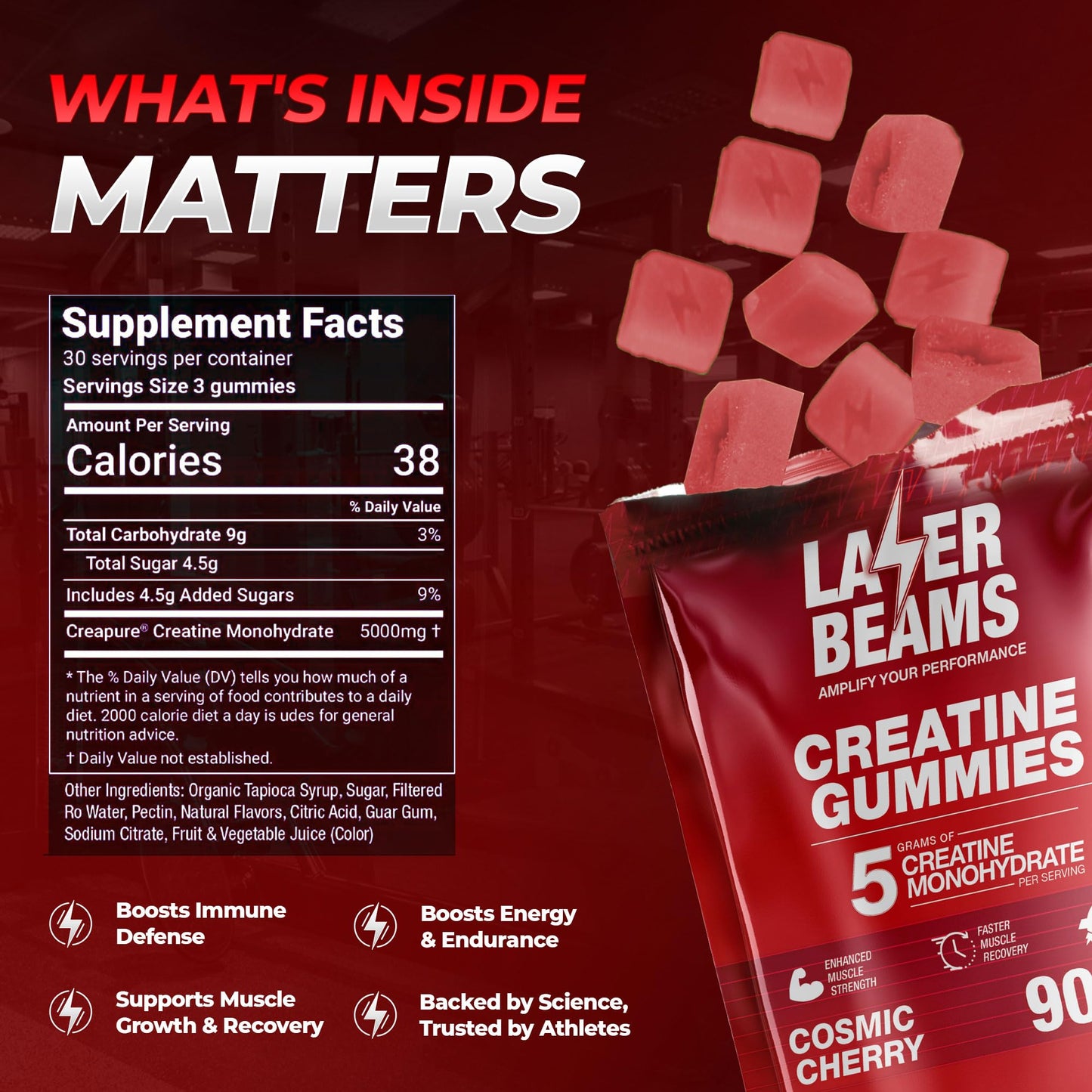 Laser Beams Creatine Monohydrate Gummies – 5g Creapure per Serving, Vegan & Gluten-Free (Strawberry)