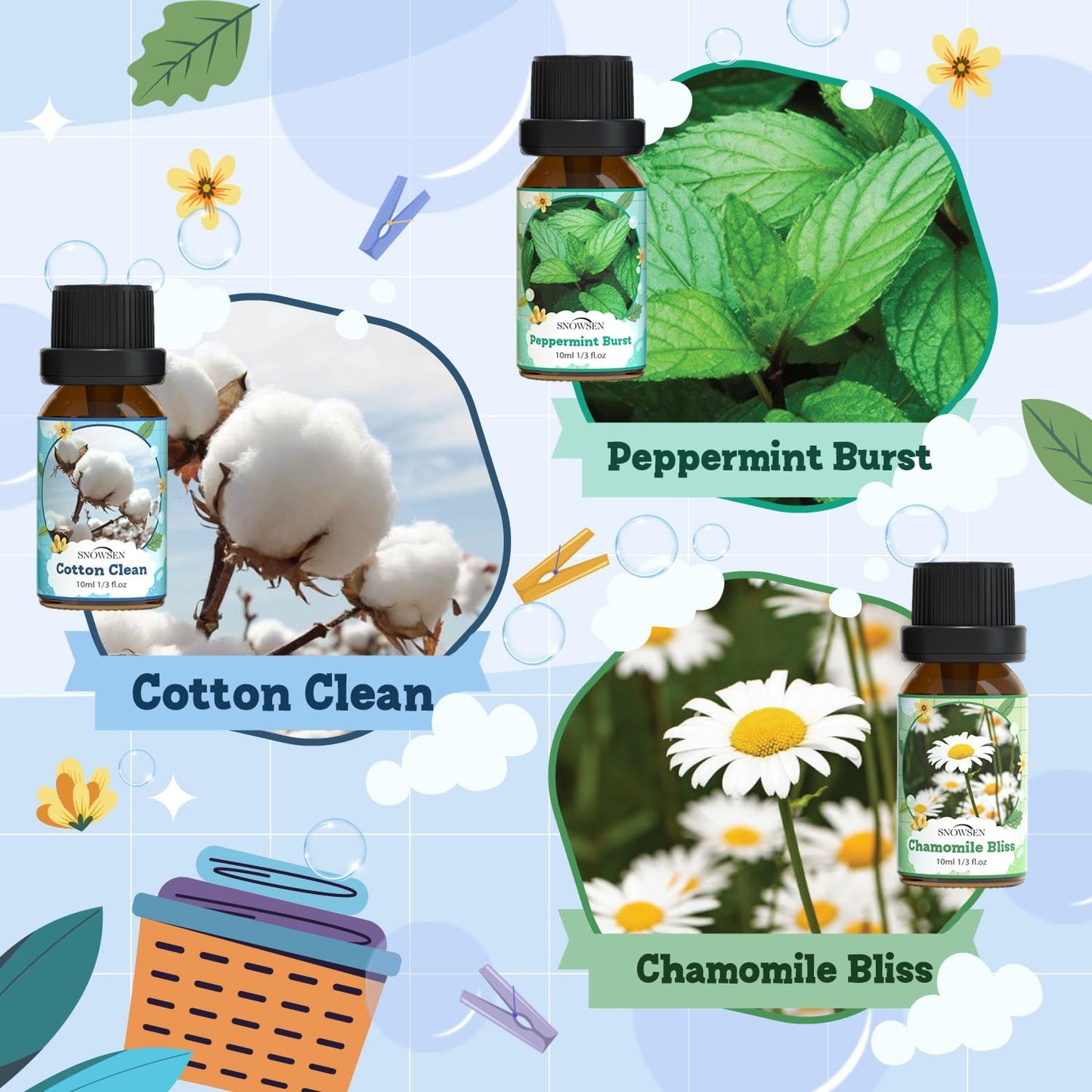 SNOWSEN Laundry Fragrance Oils Set – Diffuser Essential Oils (Cotton Clean, Lavender Field, Chamomile Bliss, Fresh Citrus, Peppermint Burst, Lemon Zest)