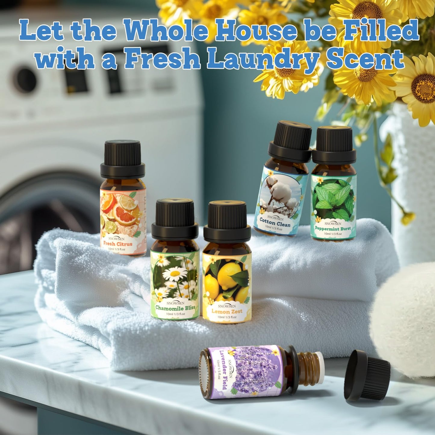 SNOWSEN Laundry Fragrance Oils Set – Diffuser Essential Oils (Cotton Clean, Lavender Field, Chamomile Bliss, Fresh Citrus, Peppermint Burst, Lemon Zest)