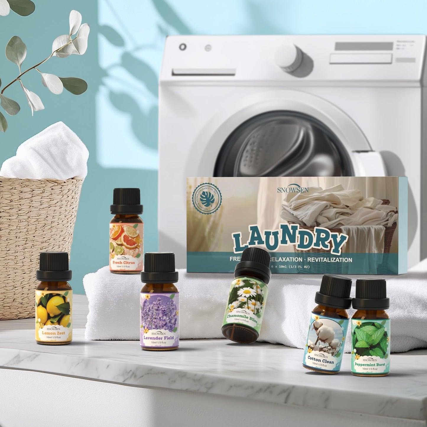 SNOWSEN Laundry Fragrance Oils Set – Diffuser Essential Oils (Cotton Clean, Lavender Field, Chamomile Bliss, Fresh Citrus, Peppermint Burst, Lemon Zest)