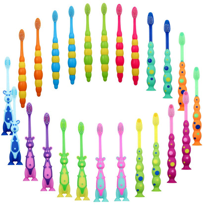 Lauwell Toddler Toothbrush Pack – 36 Soft Bristle Animal Brushes with Covers & Suction Cup