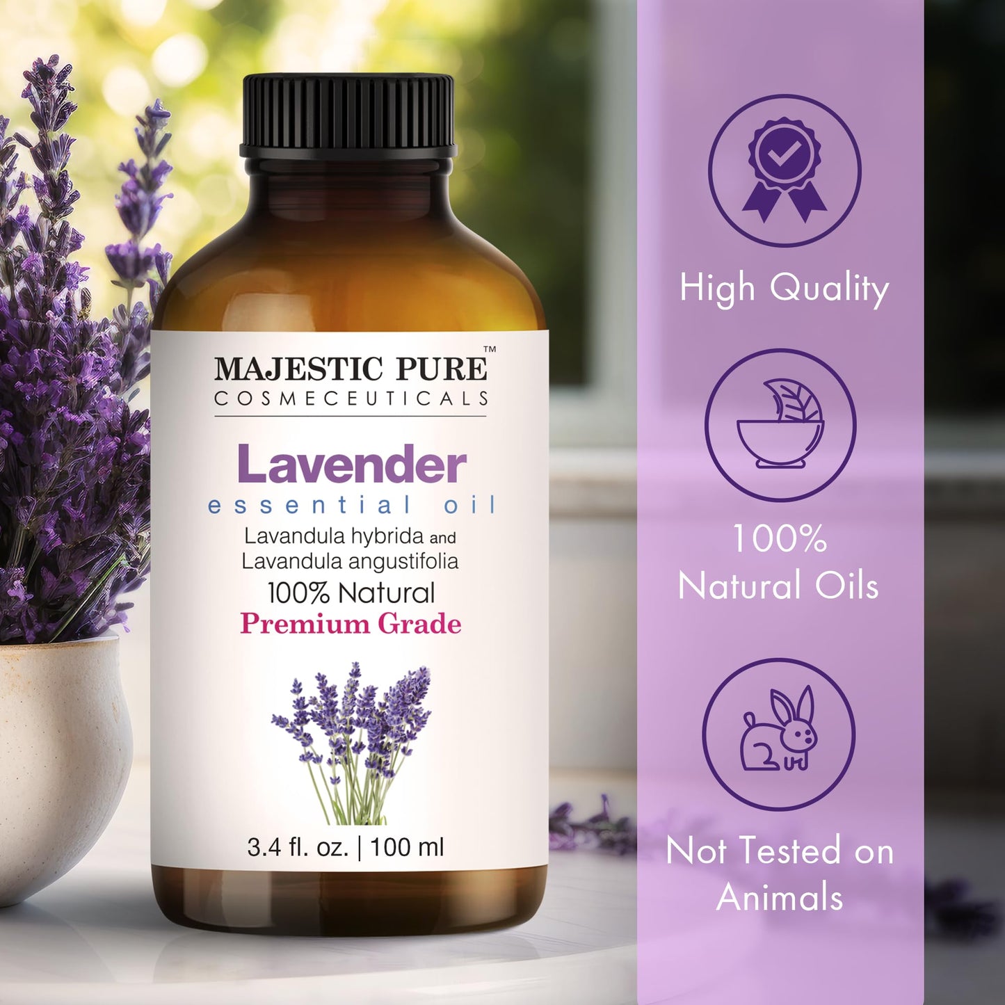 Majestic Pure Lavender Essential Oil - 3.4 Fl Oz, 100% Pure & Natural, Glass Dropper