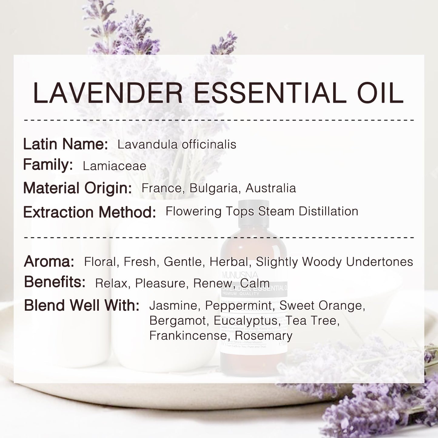 MUNUSNA Lavender Essential Oil, Pure & Natural Lavender Oil 100ML, Premium Grade Essential Oils for Hair, Body, Skin, Aromatherapy Diffuser, Meditation, Massage, Home, Candle, Soap, Bath Bombs Making