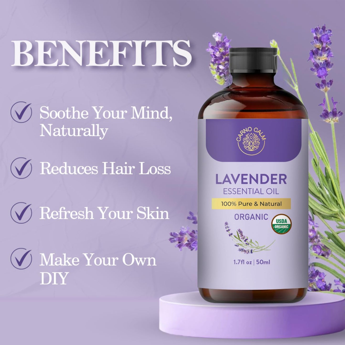 Carno Calm Lavender Essential Oil Pure – USDA Organic | 1.7 fl oz | Diffuser, Skin, Hair & Massage