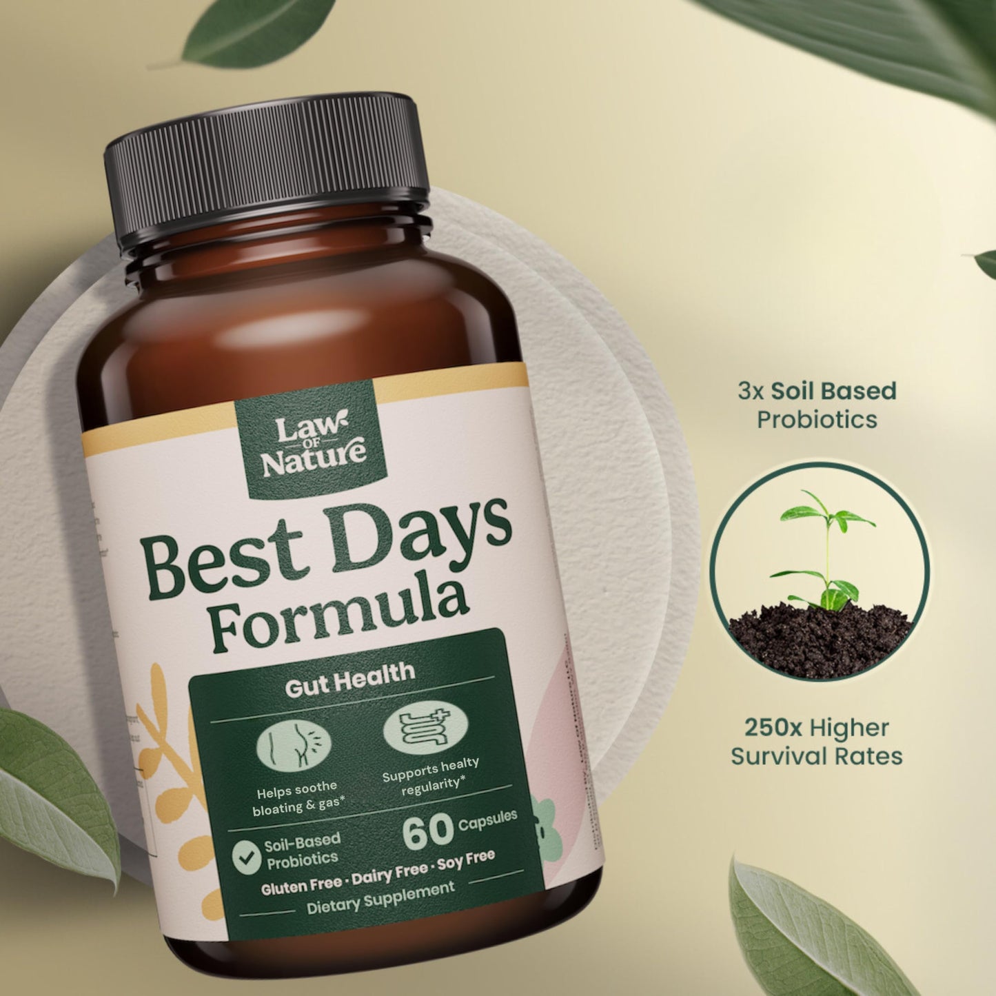 Best Days Formula | 5-in-1 Gut Support with Soil-Based Probiotics | Law Of Nature | 60 Capsules