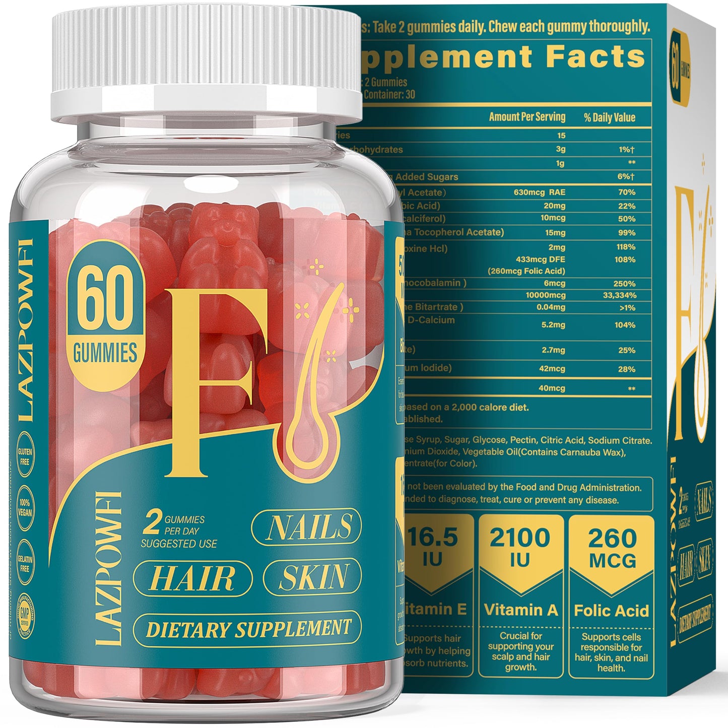 Lazpowfi Biotin Gummies - Hair, Skin & Nails Vitamins | Vegan B7, Strawberry, 60 Count