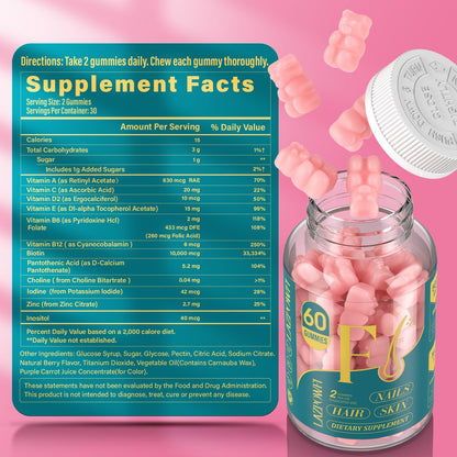 Lazpowfi Biotin Gummies – Hair, Skin & Nails Vitamins (Vegan Vitamin B7) – 60-Count Raspberry