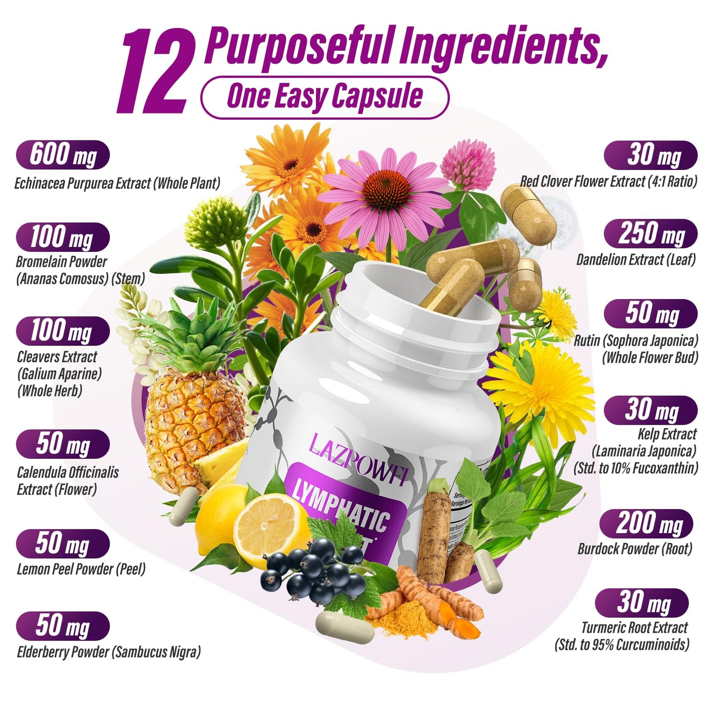 Lazpowfi Lymphatic Drainage Supplements – 1540mg Lymph System Support, 60 Capsules