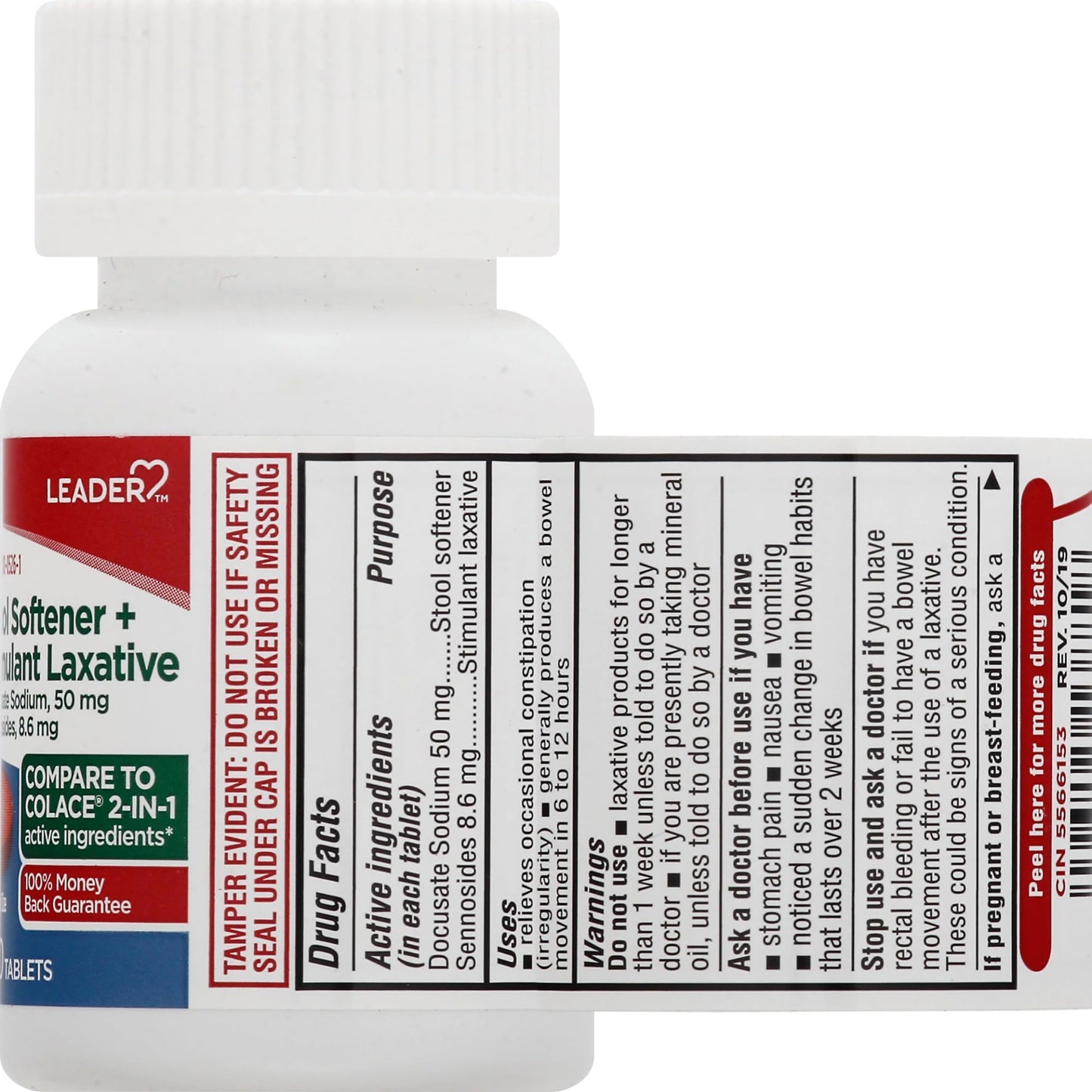 Leader 2-in-1 Stool Softener & Stimulant Laxative – Docusate Sodium 50 mg + Sennosides 8.6 mg – 100 Tablets
