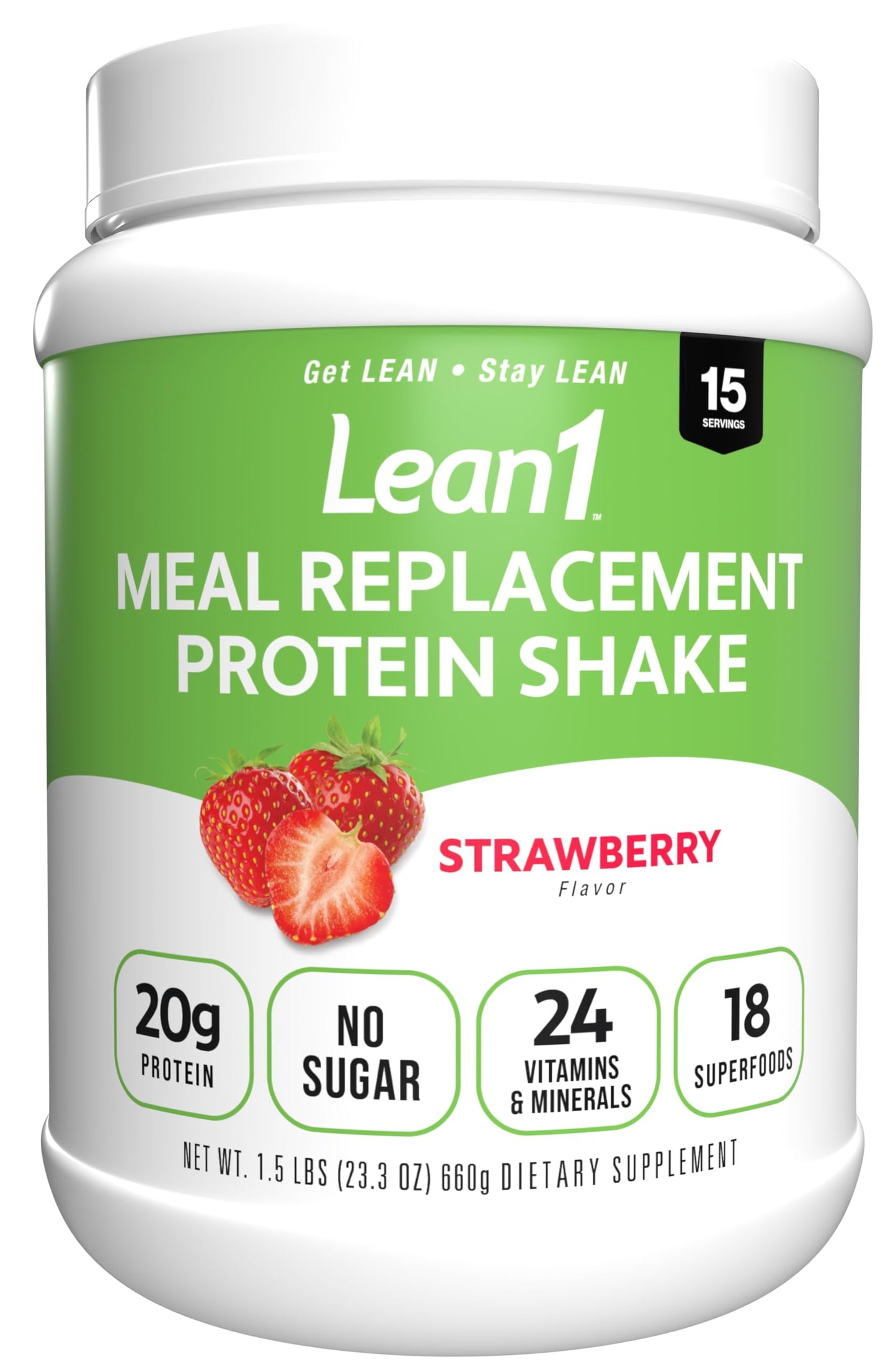 Lean1 Meal Replacement Protein Shake – Strawberry, 15 Servings | Vitamins, Digestive Support & Lean Muscle