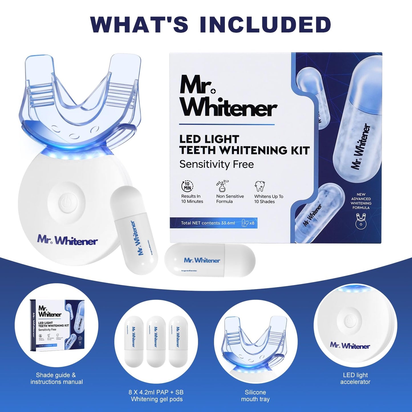 Mr. Whitener LED Teeth Whitening Kit – Dentists Recommended, Enamel Safe, Sensitive Teeth, 8 Refill Pods (33.6ml)