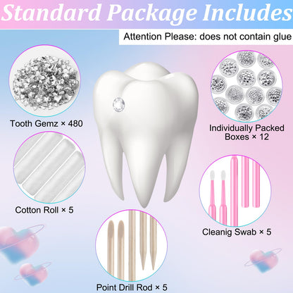 Leelosp 480 Pcs Tooth Gem Kit DIY Teeth Crystals – 12 Boxes, 5 Pink Brushes, No Glue