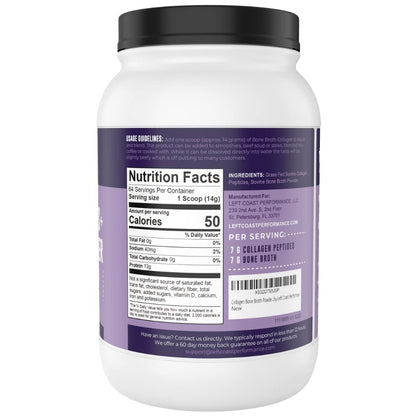 Left Coast Performance Collagen Bone Broth Powder – Grass-Fed, Unflavoured, 2lb (64 Servings)