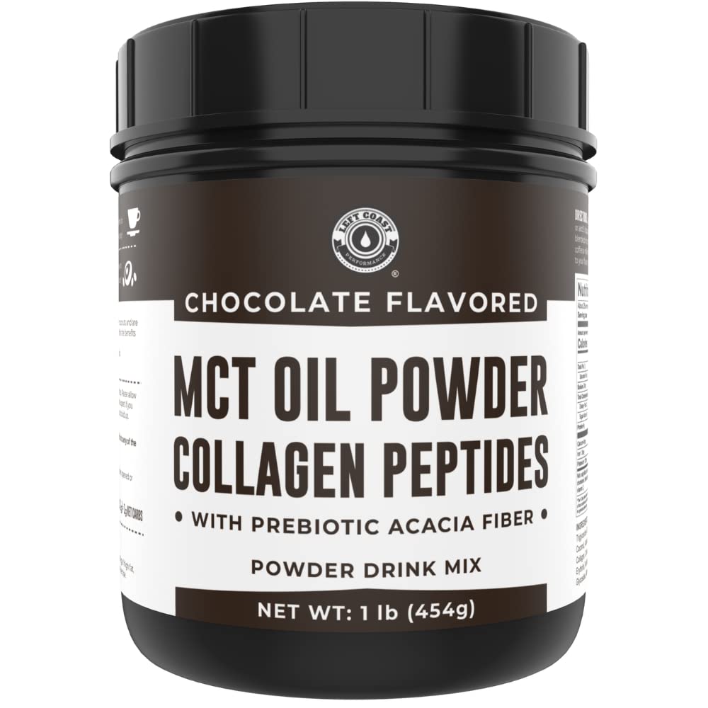 Left Coast Performance MCT Oil Powder with Acacia Fiber & Collagen Peptides – Sugar-Free Keto Chocolate Creamer, 16 oz